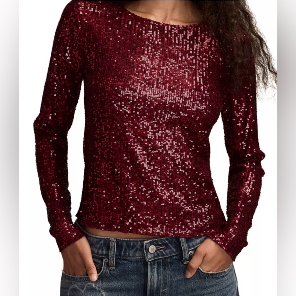 Sequin Long-Sleeve Crewneck Top - Burgundy
